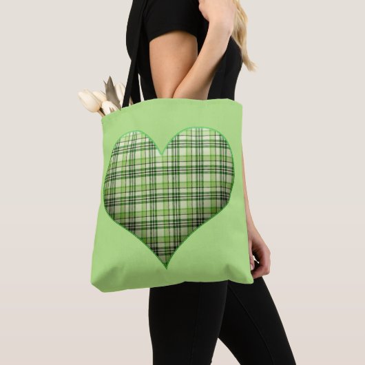 Retro green plaid puffy hart St Patrick retro Tote Bag (Dichtbij)