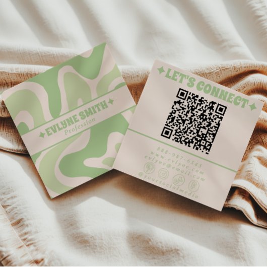 Retro Green QR Code 70s Boho Groovy Unique Trendy Vierkante Visitekaartje