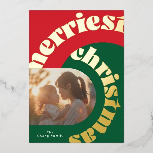 retro green red bold christmas two photo flat folie feestdagenkaart (Voorkant)