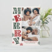 Retro Green Red Merry 2-Photo Christmas Feestdagenkaart (Staand voorkant)