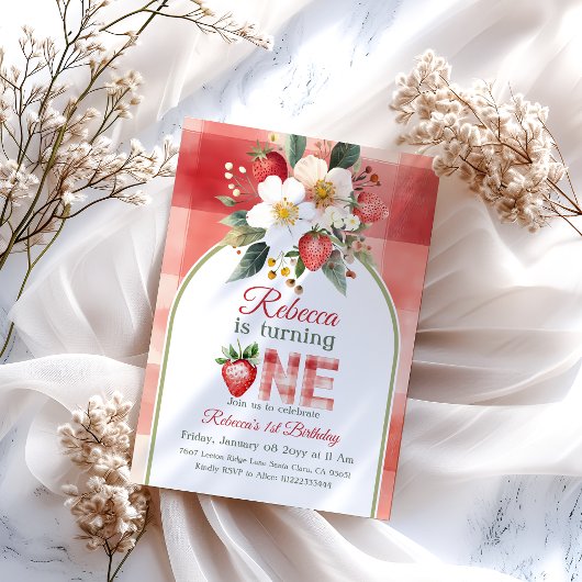 Retro Green Red Strawberry Berry eerste verjaardag Kaart