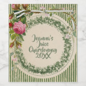  Retro Green Roze Floral Wijn Etiket (Enkel label)