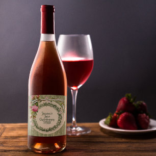  Retro Green Roze Floral Wijn Etiket