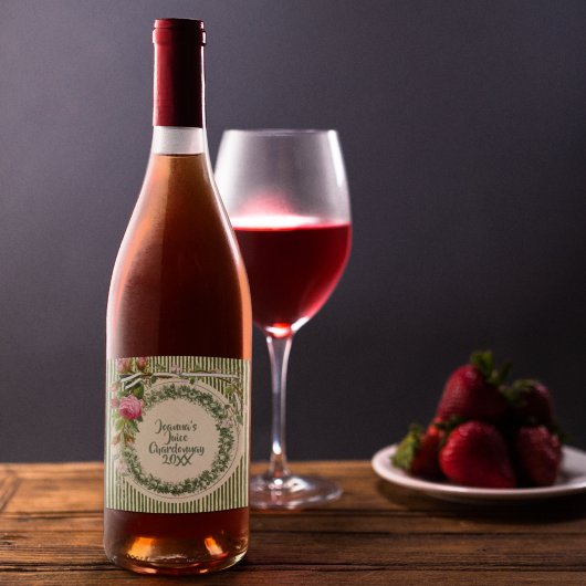  Retro Green Roze Floral Wijn Etiket