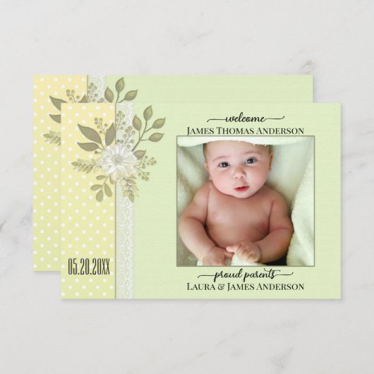 Retro Green Script Baby Foto geboorteaankondiging Bedankkaart (Voorkant / Achterkant)