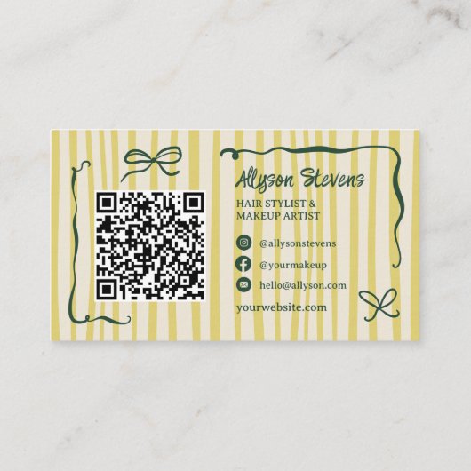 Retro Green Striped Quirky Hair photo qr code Logo Visitekaartje (Achterkant)