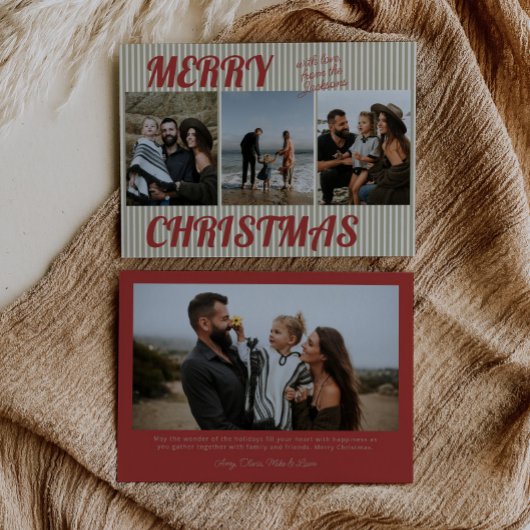 Retro  Green Stripes Foto Kerst Feestdagenkaart