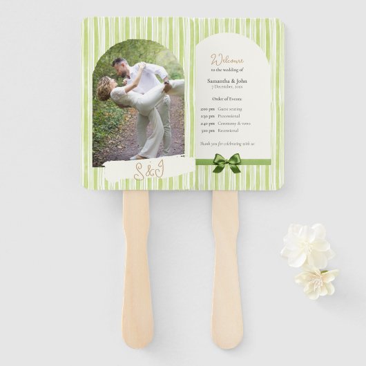 Retro Green Stripes Wedding Ceremony Program Fan Handwaaier (Voorkant en achterkant)