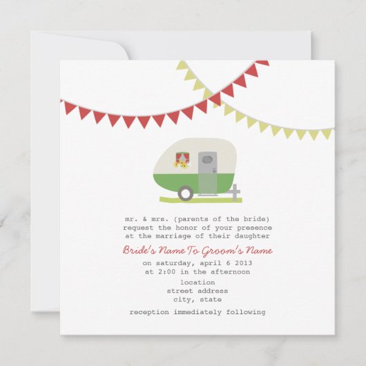 Retro Green Trailer Wedding Invite Kaart (Voorkant)