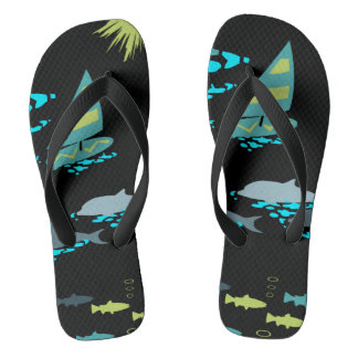 Retro Green Turquoise Black Windsurfer & Dolphins Teenslippers