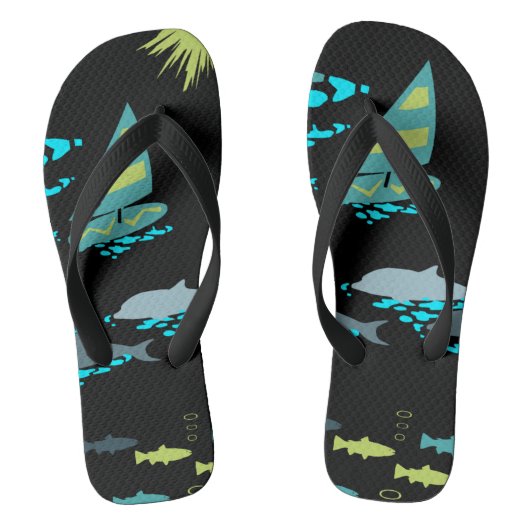 Retro Green Turquoise Black Windsurfer & Dolphins Teenslippers (Voetbed)