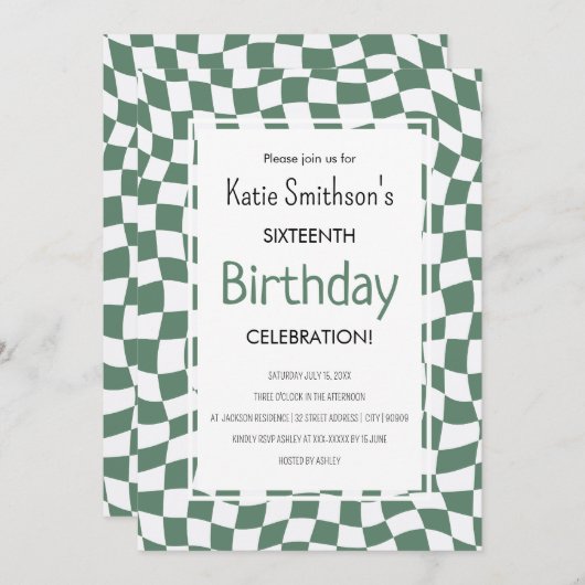 Retro Green Wavy Check Verjaardag Kaart (Voorkant / Achterkant)
