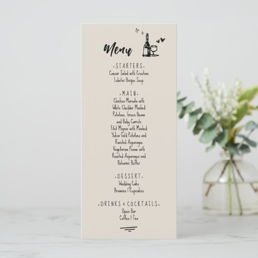 Retro Grey Hand Drawn Illustrated Wedding  Menu (Staand voorkant)