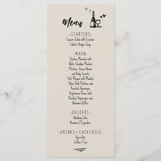 Retro Grey Hand Drawn Illustrated Wedding  Menu (Voorkant)