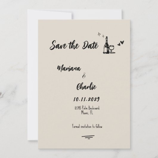 Retro Grey Hand Drawn Illustrated Wedding  Save The Date (Voorkant)