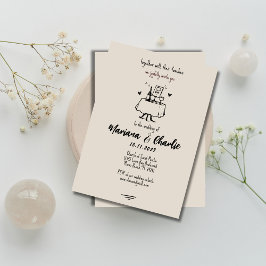 Retro Grey Hand Drawn Illustration Wedding  Kaart