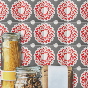 Retro Grey Red & White etnisch geometrisch patroon Tegeltje