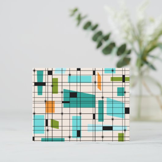 Retro Grid en Starbursts Post Card Briefkaart (Staand voorkant)