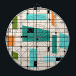 Retro Grid & Starbursts Dart Board Dartbord<br><div class="desc">Dit Retro Grid en Starbursts Dart Board is waar de stijl vandaag samenkomt. Hij heeft een crèmekleurige achtergrond met kitschy, kilter vierkanten en rechthoeken in blauwgroen, turquoise, Dit lichtblauw, oranje en avocado groen. De witte kleuren worden overspoeld en worden in enkele rastersnijpunten bewerkt. Er zijn ook zwarte rechthoeken met zwarte...</div>