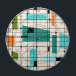 Retro Grid & Starbursts Dart Board Dartbord<br><div class="desc">Dit Retro Grid en Starbursts Dart Board is waar de stijl vandaag samenkomt. Hij heeft een crèmekleurige achtergrond met kitschy, kilter vierkanten en rechthoeken in blauwgroen, turquoise, Dit lichtblauw, oranje en avocado groen. De witte kleuren worden overspoeld en worden in enkele rastersnijpunten bewerkt. Er zijn ook zwarte rechthoeken met zwarte...</div>