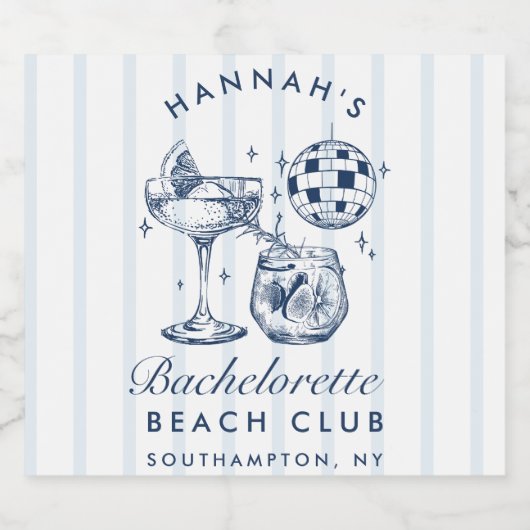 Retro Grijs & Blauwe Strepen Bachelorette Sparklin Sparkling Wijnetiket (Enkel label)