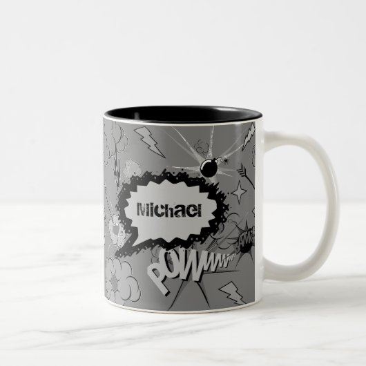 Retro grijs op maat gemaakt stripboekpatroon tweekleurige koffiemok (Rechts)