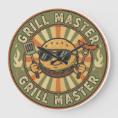 Retro Grill Master Burger Karakter BBQ King Vinta Grote Klok (Voorkant)