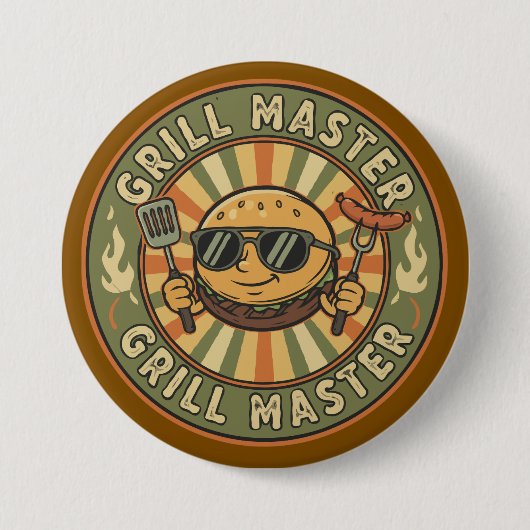 Retro Grill Master Burger Karakter BBQ King Vinta Ronde Button 7,6 Cm (Voorkant)