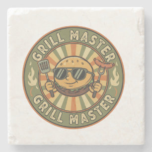 Retro Grill Master Burger Karakter BBQ King Vinta Stenen Onderzetter