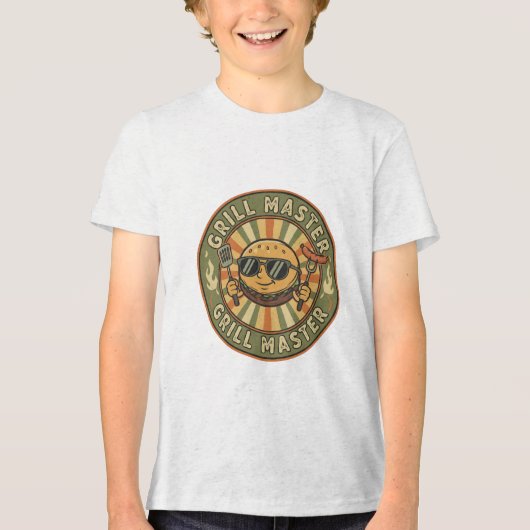 Retro Grill Master Burger Karakter BBQ King Vinta Tri-Blend Shirt (Voorkant)