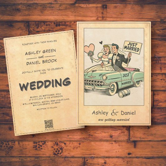 Retro grillig net getrouwd paar komische bruiloft kaart