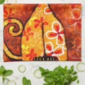 Retro grillige Kat Kat Bloemen Sinaasappel Geel Ro Theedoek (Gevouwen)