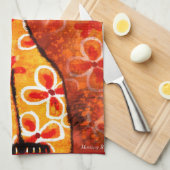 Retro grillige Kat Kat Bloemen Sinaasappel Geel Ro Theedoek (Quarter Fold)