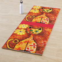 Retro grillige Kat Kat Bloemen Sinaasappel Geel Ro