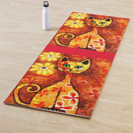 Retro grillige Kat Kat Bloemen Sinaasappel Geel Ro Yogamat (In situ)