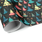 Retro grillige + kleurrijke kerstbomen cadeaupapier (Rol Hoek)