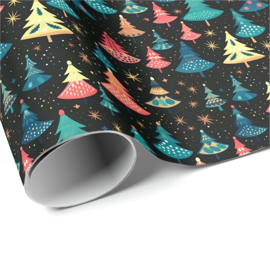 Retro grillige + kleurrijke kerstbomen cadeaupapier (Rol Hoek)