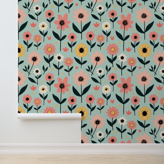 Retro grillige lente bloemenpatroon behang (Applicatie)