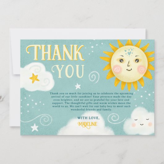 Retro grillige zon en wolken baby shower bedankkaart (Voorkant)