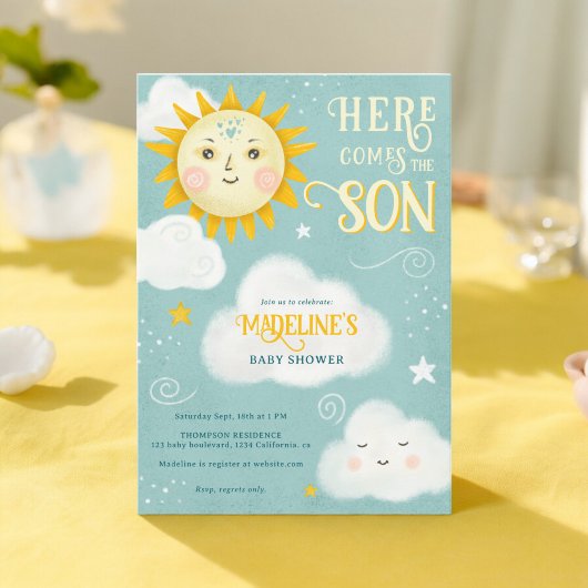 Retro grillige zon hier komt de zoon baby shower kaart