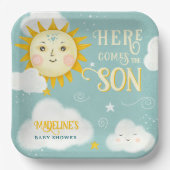 Retro grillige zon hier komt de zoon baby shower papieren bordje (Voorkant)