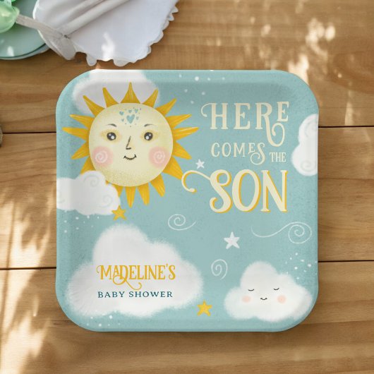 Retro grillige zon hier komt de zoon baby shower papieren bordje