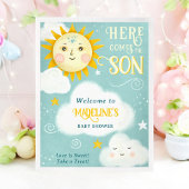 Retro grillige zon hier komt de zoon baby shower poster