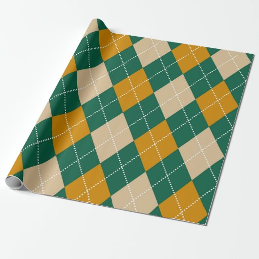 Retro Groen Beige Mosterd Argyle Patroon Cadeaupapier (Uitgerold)