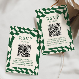 Retro Groen Checkerboard QR Code Bruiloft RSVP Kaartje