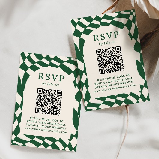 Retro Groen Checkerboard QR Code Bruiloft RSVP Kaartje