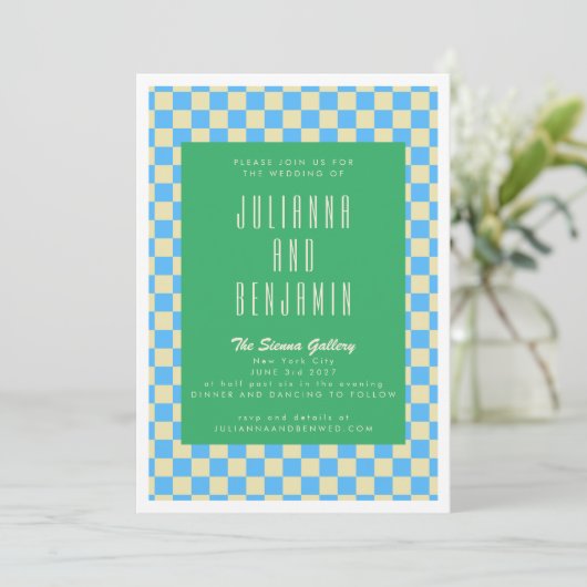 Retro groen en blauw Checkerboard bruiloft Kaart (Staand voorkant)