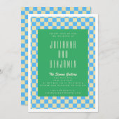 Retro groen en blauw Checkerboard bruiloft Kaart (Voorkant / Achterkant)