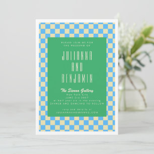 Retro groen en blauw Checkerboard bruiloft Kaart