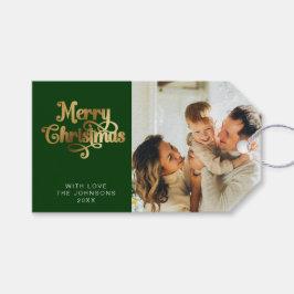 Retro Groen en Goud Vrolijk Kerstfeest Familiefoto Cadeaulabel